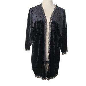 Ambrielle Black Crushed Velvet Lace Trim Robe Kimono Cardigan Medium Sleeperwear